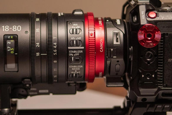 Canon Cine-Servo 18-80mm lens mounted to a BGH1
