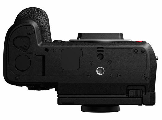 Panasonic S1H Full Frame Cinema Camera bottom view showing tripod screw mount grip and battery compartment opening